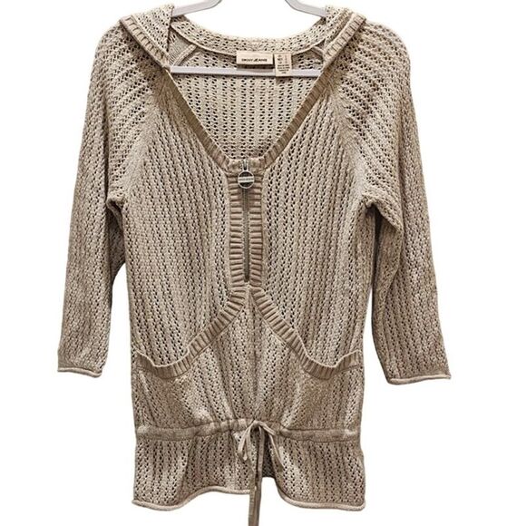 DKNY Hooded Drawstring Sweater 3/4 Sleeves Size L - Picture 1 of 8